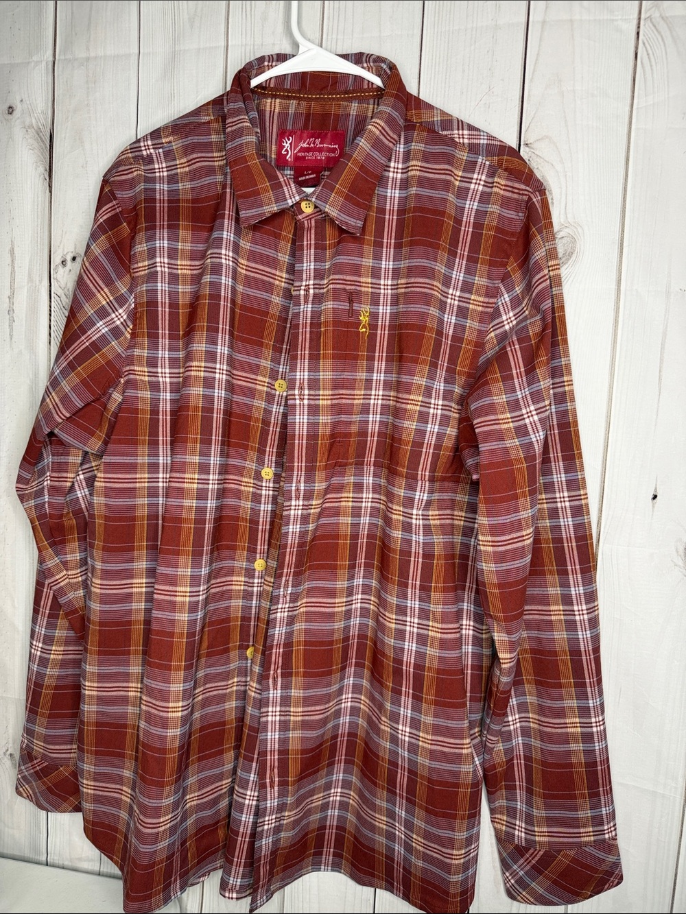 Browning Men's Rust and White Plaid Button-Up Shirt. Large -1214